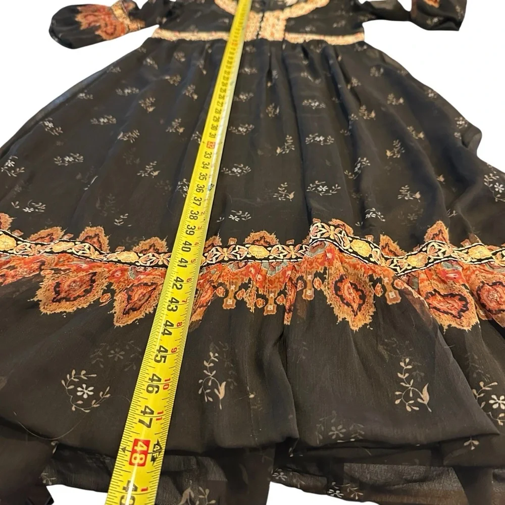 Sundance Black Floral Sheer Embroidered Flared Sleeve Boho Midi Dress Size 4